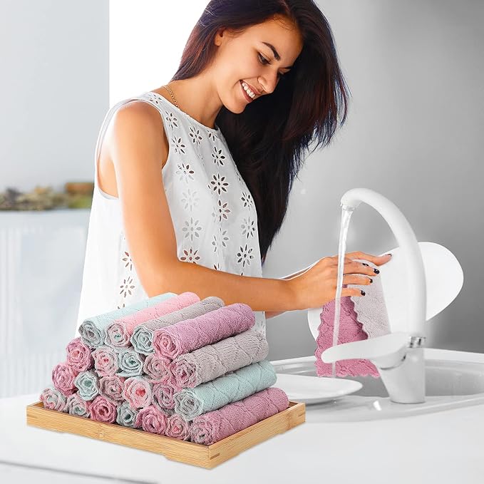Rachan 11Pack Kitchen Dish Cloths, Reusable Dish Towels, Nonstick Oil Washable Fast Drying, Super Absorbent Coral Velvet Cleaning Cloths for Cleaning Tableware, Kitchen, Bathroom (Pink-purple10 x 6")