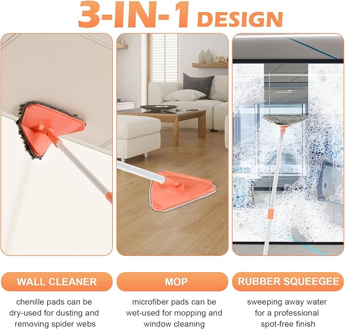 RONSUNG Wall Cleaner Mop, 82-Inch Handle, Baseboard Cleaner Tool, 4 Pads | Wall scrubber with long handle, triangle head, squeegee, and 4 pads for walls, ceilings, windows, baseboards, and floors