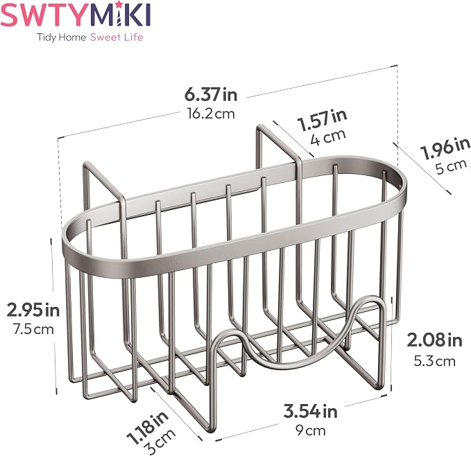 SWTYMIKI Sponge Holder for Kitchen Sink - Movable Kitchen Sink Caddy with M Shape Hook, Stainless Steel Hanging Sponge Caddy for Dish Sponge, Brush, Stopper Organizer in Double Sink, Sand Nickel