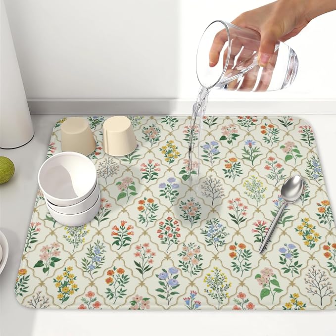 Floral Dish Drying Mat for Kitchen Counter Spring Summer Wild Flowers Diamond Pattern Microfiber Dish Drainer Mat Rustic Absorbent Washable Drying Pad 16"x18"