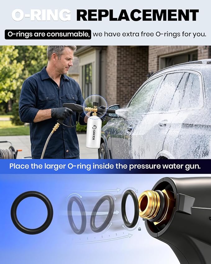 Saker Short Pressure Washer Gun with Foam Cannon, M22-14 to M22-15 and M22-14 to 3/8 Inch Brass Adapter Connector, with 5 Pressure Washer Nozzles