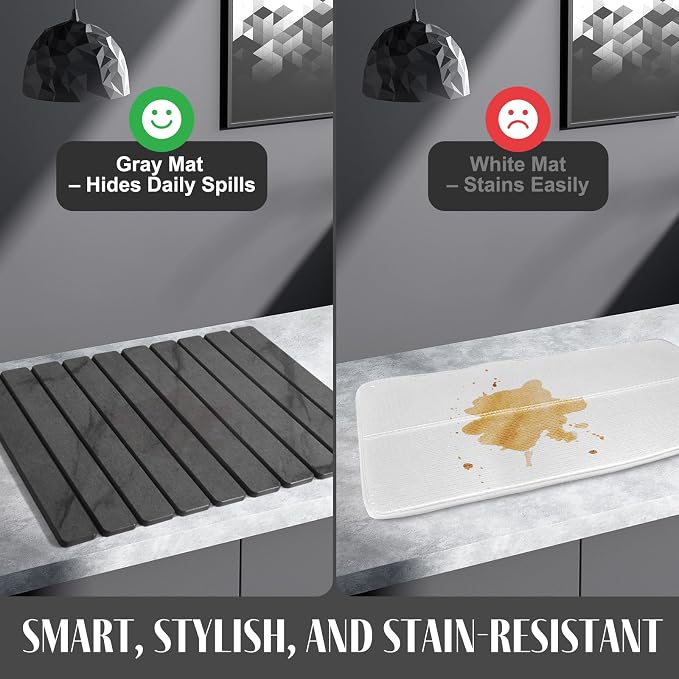 2 PCS Large Stone Dish Drying Mat for Kitchen Counter, 24"×16" Marble Dish Drying Mat with 8"x 4" Coasters, Non - Slip Collapsible Absorbent Mat for Multi - Purpose, Match Any Countertop - Grey
