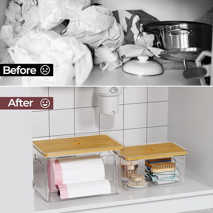 Delamu Acrylic Trash Bag Holder, 2 Pack (XL+S) Stackable Garbage Bag Dispenser, Clear Organizer Bins for Under Sink Organization, Pantry Storage, Cabinet, Kitchen, Laundry, Bathroom