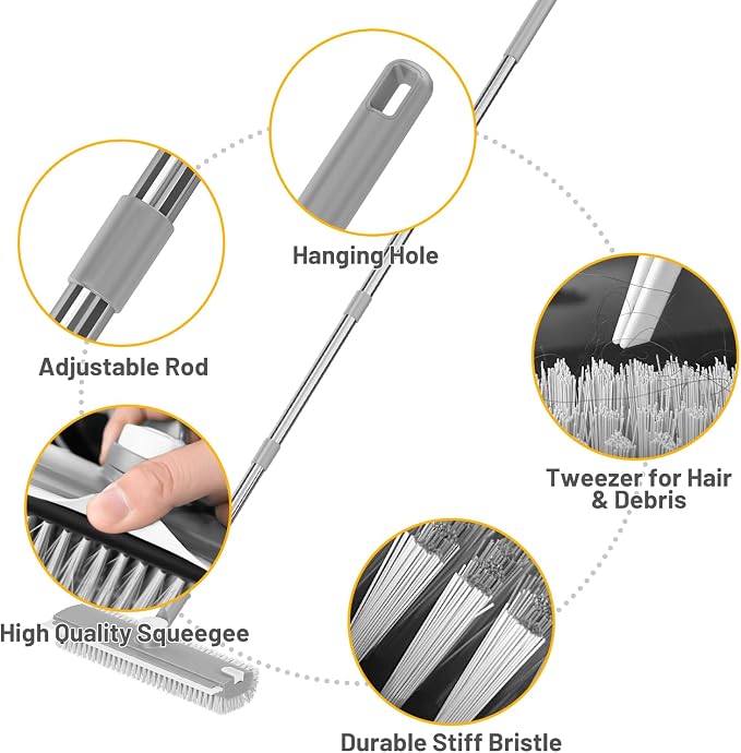 3 in 1 Floor Scrub Brush with Long Handle & Squeegee | Heavy-Duty, Adjustable, 360° Rotating Head for Cleaning Tile Bathroom Deck Kitchen Patio, Gray