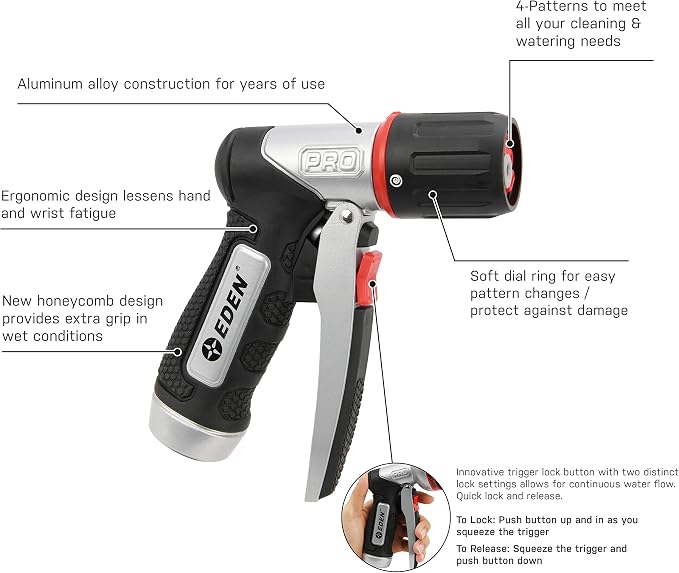 Eden PRO 94834 Metal Front Trigger 4-Pattern Turbo Nozzle | Heavy-Duty Hose Sprayer for Garden, Lawn, Plants, Outdoor Cleaning, Durable Aluminum Core, Quick Connect Set Included