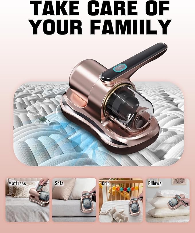 Cordless Mattress Vacuum Cleaner with UV Light Handheld Bed Vacuum with Ultrasonic & Heating Tech, 2 HEPA Filters, Strong Suction for Mattress, Sofa, Carpets, Pet Hair (Gold)