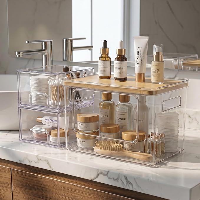 Hudgan Under Sink Organizers 3 in 1, Stackable Acrylic Bathroom Storage, Trash Bag Dispenser and Dishwasher Pods Holder for Kitchen and Laundry Room Organization