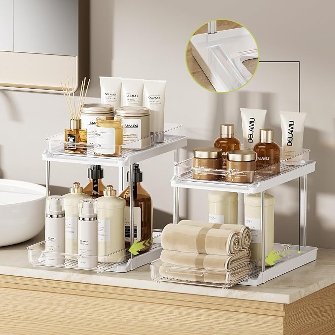 Delamu 2-Tier Bathroom Under Sink Organizers and Storage, Pull Out Cabinet Drawers with Anti-Slip Design, Multi-Purpose Storage for Kitchen, Pantry, Bathroom & Home Organization, White, 2 Pack
