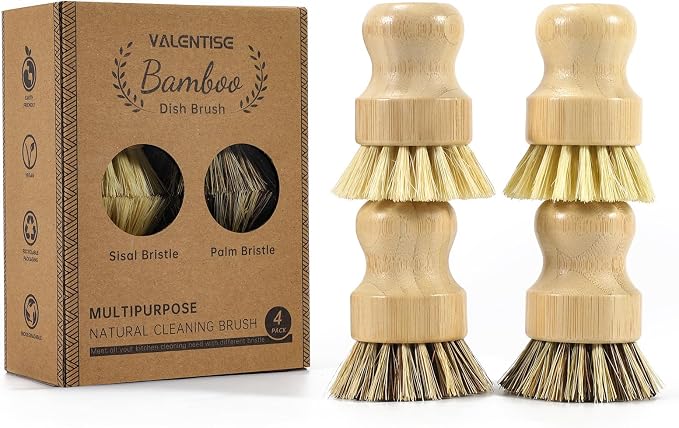 4 Pack Bamboo Dish Brush Set, Natural Palm Dish Scrubber for Pots and Vegetables, Sisal Bristle Bamboo Scrub Brush for Cleaning Dishes and Pans