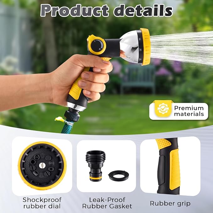 Garden Hose Nozzle High Pressure Leak Proof Spray Water Hose Nozzle Sprayer | Thumb Control 10 Spray Patterns On Off Valve Non-Slip Grip Hose Sprayer Nozzle for Plants & Lawns Watering,Car&Pet Washing