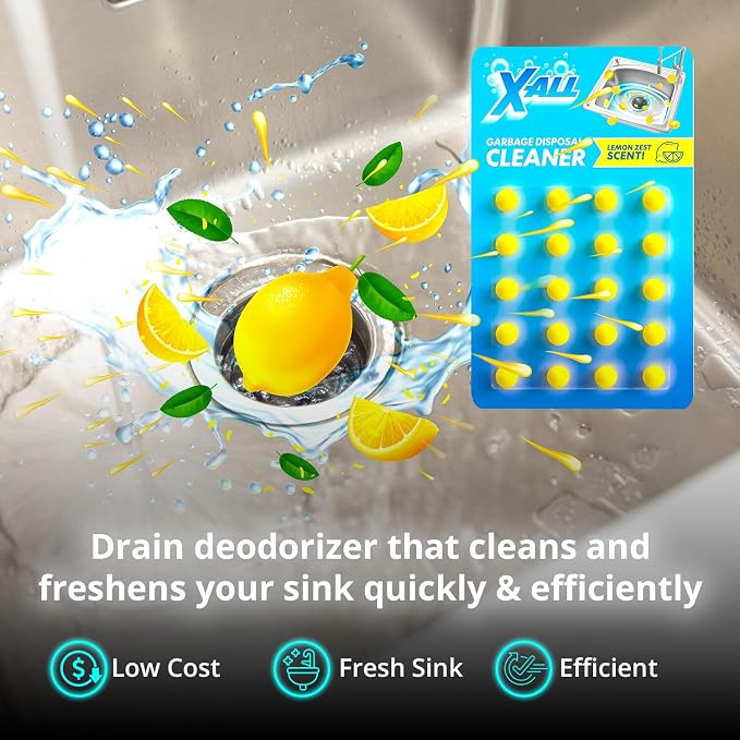 X-ALL Garbage Disposal Cleaner Deodorizer Tablets – 24 Pack, New Powerful Foaming Formula - Deep Cleaning and Odor-Eliminator with Lemon Scent - Natural Kitchen Cleaning Care