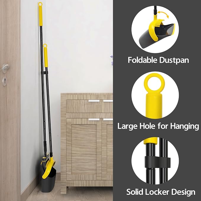 JEHONN Broom and Dust Pan, 54.3 inches Long Handle Swivel Brush, Upright Foldable Dustpan with Comb Teeth for Home Kitchen Lobby Indoor Floor Cleaning (Black & Yellow)