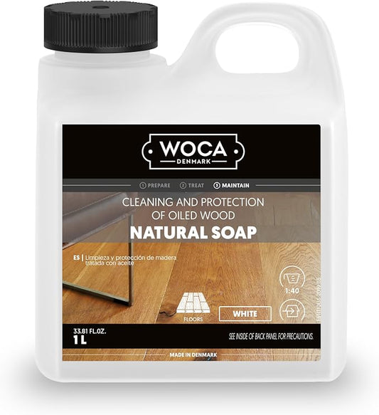 WOCA Natural Soap, White |1L| - Concentrated Wood Cleaner for oil finished hardwood floors, tables, millwork, cutting boards, countertops and butcher block