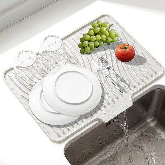 Silicone Dish Drying Mat, Silicone Drying Mat for Kitchen Counter with Built-In Drain, Non-Slip Drain Pad with Built-in Drain, Heat Resistant Silicone Drying Mat, 1Pcs 19.7" x 15", Cream