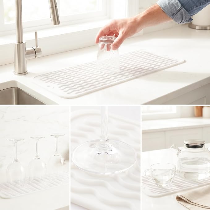 MicoYang Silicone Dish Drying Mat for Multiple Usage,Easy clean,Eco-friendly,Heat-resistant Silicone Mat for Kitchen Counter,Sink,Bar,Bottle,or Cup White M 17 inches x 6 inches