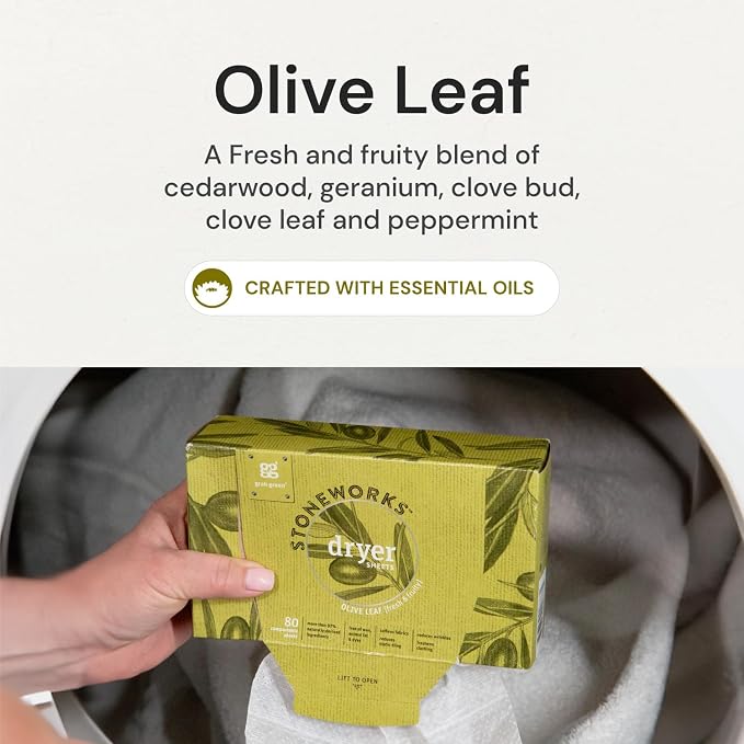 Grab Green Stoneworks Dryer Sheets, Olive Leaf, 80 Count, Compostable | Softens fabrics; Reduces Static; Cruelty-free; Plant & Mineral Based; No Harsh Chemicals