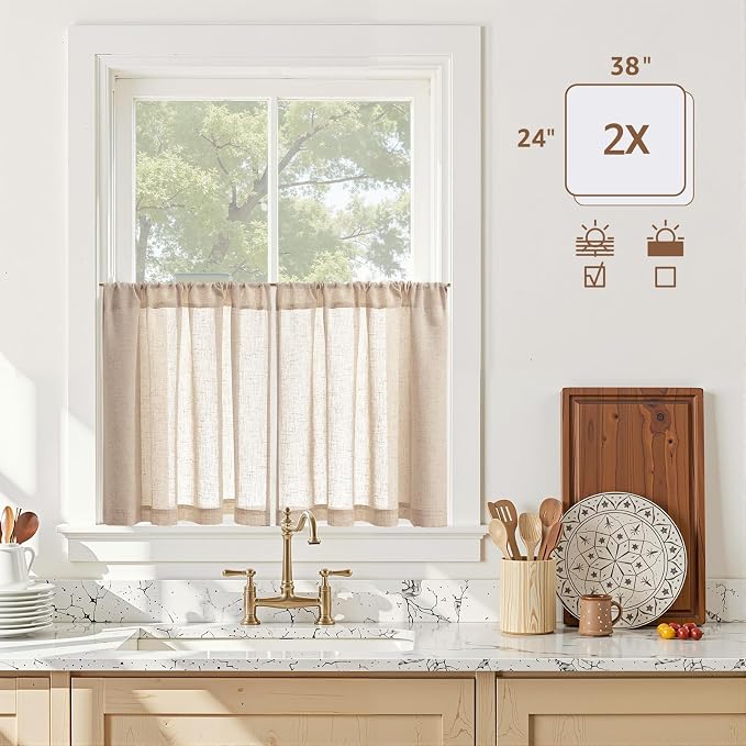 jinchan Linen Kitchen Tier Curtains, 38x24, 2 Panels, Natural | Light filtering, linen blend, rod pocket, farmhouse style, rustic decor, kitchen, bathroom, laundry room, RV, small windows