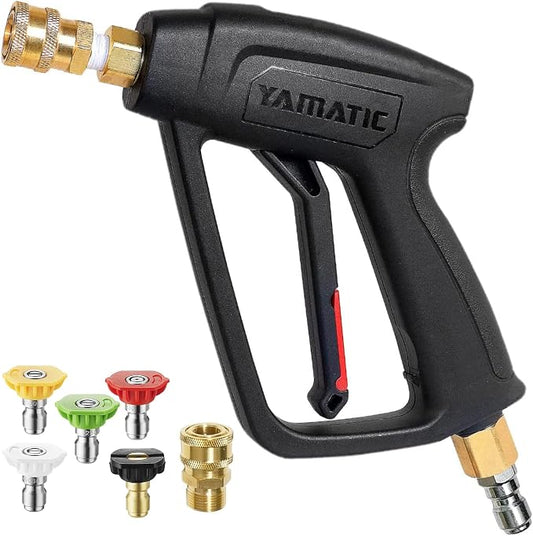 YAMATIC Short Pressure Washer Gun Swivel Brass 3/8" Quick Connect 4000PSI | Power Washer Handle with Easy Pull Trigger with Lock Replacement for Ryobi, Simpson, Craftsman for Car Pool, Roof