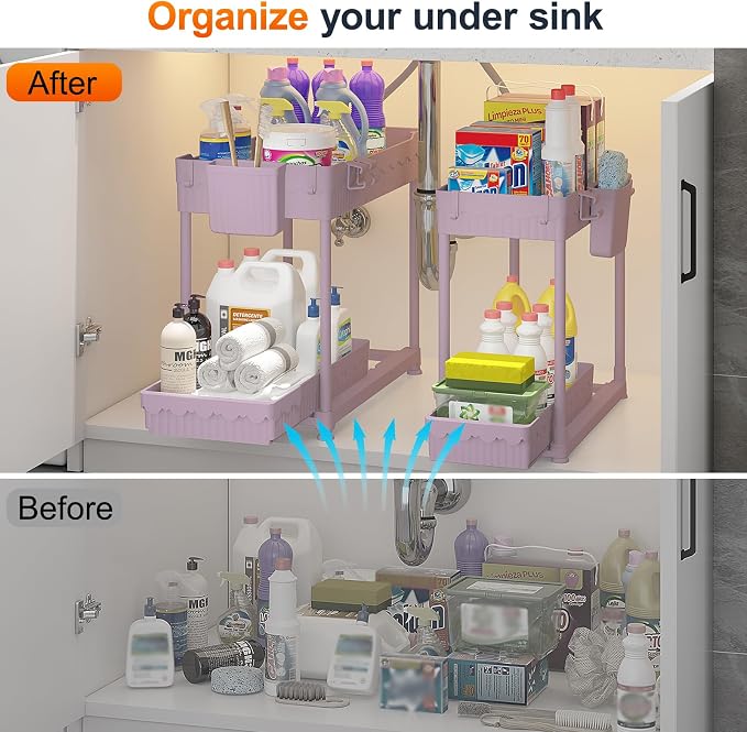 Sevenblue 4-Pack 2-Tier Under Sink Organizer with Pull Out Drawers | Multi-use kitchen & bathroom storage. Includes hanging hooks and cups. Pink, space-saving cabinet design. 14.8 Inch
