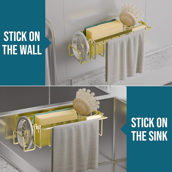 TAILI Sponge Holder with Strong Suction Cup, 4-in-1 Rustproof Sink Organizer - Sink Caddy Holds Sponges, Brushes, Stoppers & Scrapers -Gold