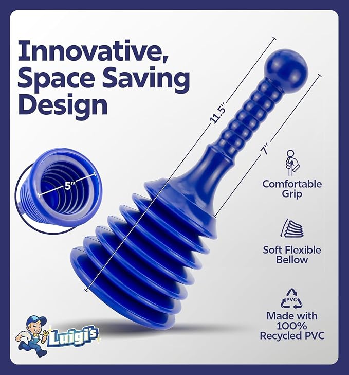Luigi's Sink Plunger Kitchen - Sink Plunger Bathroom - Drain Bathtub or Shower - Small and Powerful Clog Remover - Commercial Style "Plumbers Plungers" with Large Bellows - Blue - Small
