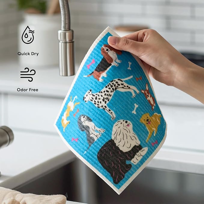 RECYCO Swedish Dishcloths for Kitchen | 6 Pack Doggy Daydreams Washable Dish Rags | Cellulose Reusable Cleaning Paper Towels | Absorbent Counter Dish Cloth Sponge Kitchen Wipes, 8" L x 7" W