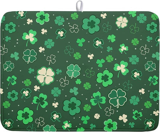 Happy St. Patrick's Day Dish Drying Mat for Kitchen Green Lucky Shamrock Clover Dish Drying Mat for Dishes Spring Irish Drying Mats 18x24 Inch Absorbent Reversible Dish Pad for Countertop Coffee Bar