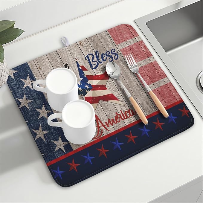 Kawani 4th of July Dish Drying Mat 16x18 Inch Patriotic God Bless America Memorial Kitchen Mats Independence Day Absorbent Dishes Pad for Kitchen Counter USA Star Drying Mat Home Decor for Countertop