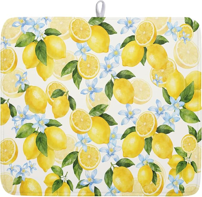 Kawani Lemon Dish Drying Mat 16x18 Inch Absorbent Reversible Summer Drying Mat Floral Lemon Fruits Dish Drying Rack Mat Yellow Summer Themed Dish Drainer Mat for Kitchen Counter Coffee Bar
