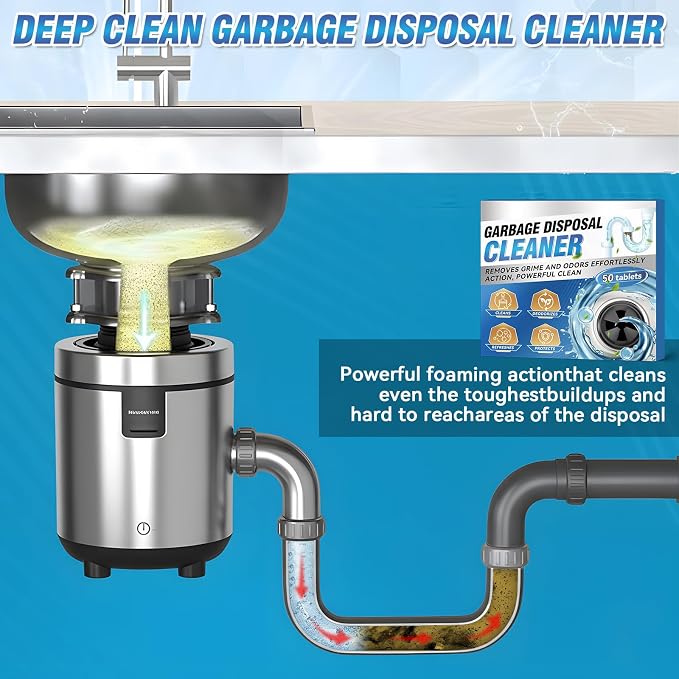 Yeardera Garbage Disposal Cleaner and Deodorizer Tablets - 50 Count (1-Year Supply), Powerful Foaming Sink Cleaner, Quickly Eliminates Odors, Natural Drain Odor Eliminator for Kitchen Disposal Care