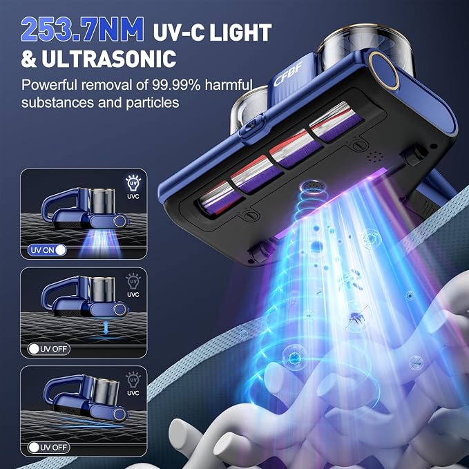 CFBF Mattress Bed Vacuum Cleaner with 16Kpa Suction & 253.7nm UV-C Light | Ultrasonic & High Heating, 500W Powerful Double-Cup Handheld Vacuums for Bed, Sofa, Couch, Crib, 16.4FT Corded