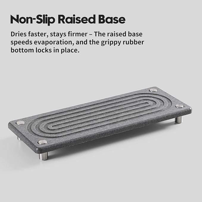 Razborci Water Absorbing Stone Sink Caddy Kitchen Sink Organizer Tray, Diatomite Bathroom Counter Tray, Faucet Drying Mat Coaster Soap Dish Rack Riser Dispenser Sponge Holder, Charcoal 10" x 4"