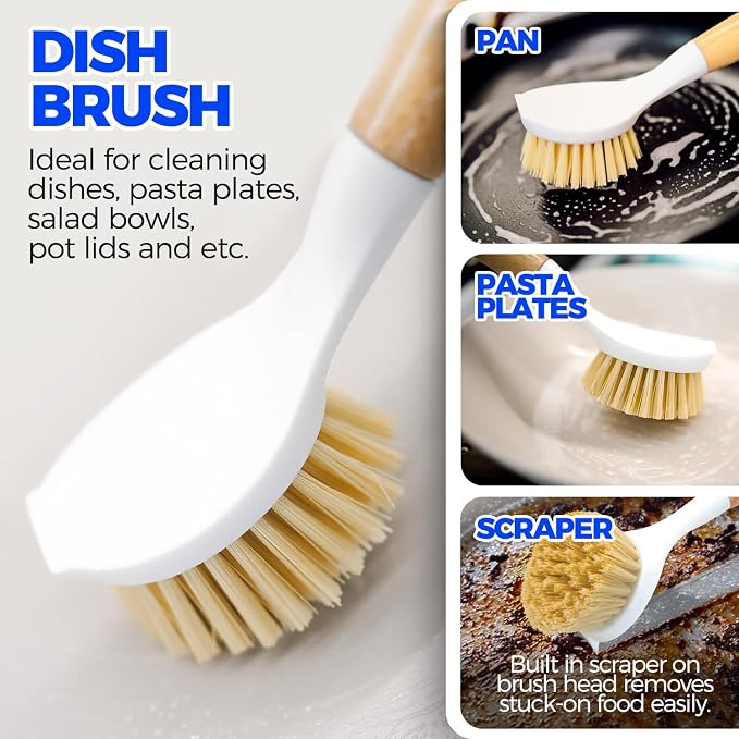 Holikme 6 Pack Dish Brush Scouring Pad Set with Bottle Brush, Dish Brush, Palm Scrub Brush and Straw Brush, Dish Scrubber Long Handle for Dish Bottle Cup Pot Pan Iron Abrasive Cup Brushes, Yellow