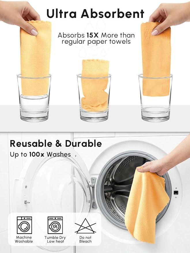 Microfiber Cleaning Cloths Roll, 75 Pack Tear Away Microfiber Towels Roll, 12" x 12" Lint Free Rags, Reusable Cleaning Cloths, Washable, Scratch Free,Ultra Absorbent Dish Rags(Orange)