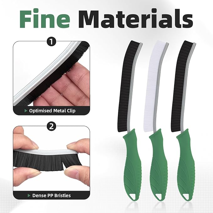 FOOGWEE Hard Bristle Crevice Cleaning Brush - Cleaning Supplies - Grout Cleaning Brushes for Household Use - Crevice Cleaning Tool for Bathroom, Home and Kitchen (3, Green)