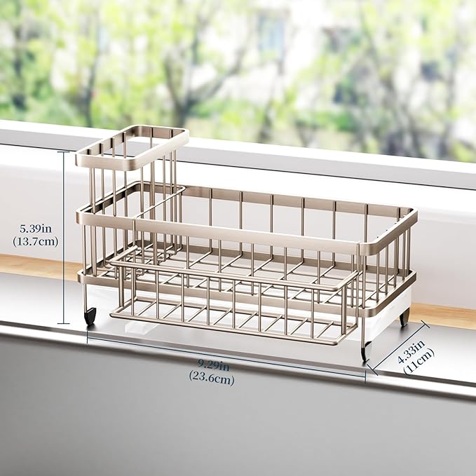 Consumest Sponge Holder for Kitchen Sink - Auto Draining Sink Caddy Organizer with Detachable Rack, High Brush Holder, Kitchen Countertop Storage Accessories, Sand Nickel