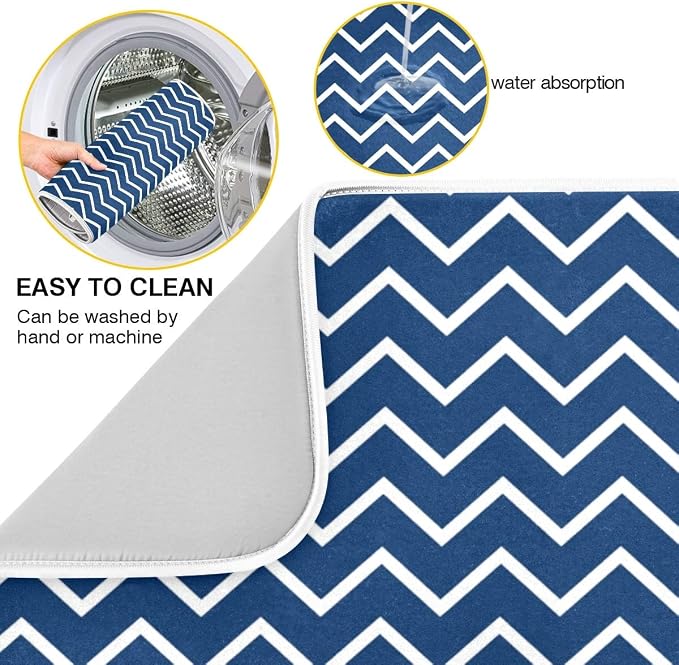 Nautical Navy Stripes Dish Drying Mat for Kitchen, Absorbent Microfiber Drying Pad Dish Mat, 24" X 18"