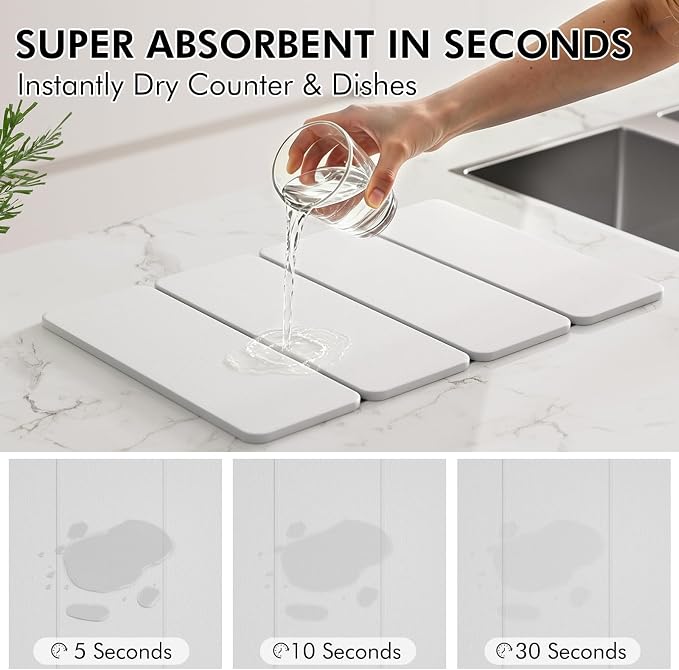 2-in-1 Stone Dish Drying Mat and Bamboo Dish Rack Combo, 24x16 Inch Super Absorbent Fast Dry Diatomaceous Earth Dish Drying Mat, Foldable Space Saver for Kitchen Counter Bathroom Apartment
