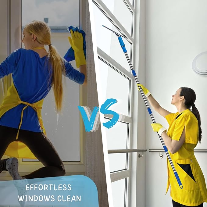 Window Squeegee with Scrubber for Home and Outdoor Glasses Cleaning, 6 Ft Long Handle 2 in 1 Professional Window Washing Kit with Replacement Rubber Blade, Car Windshield Cleaner Tool