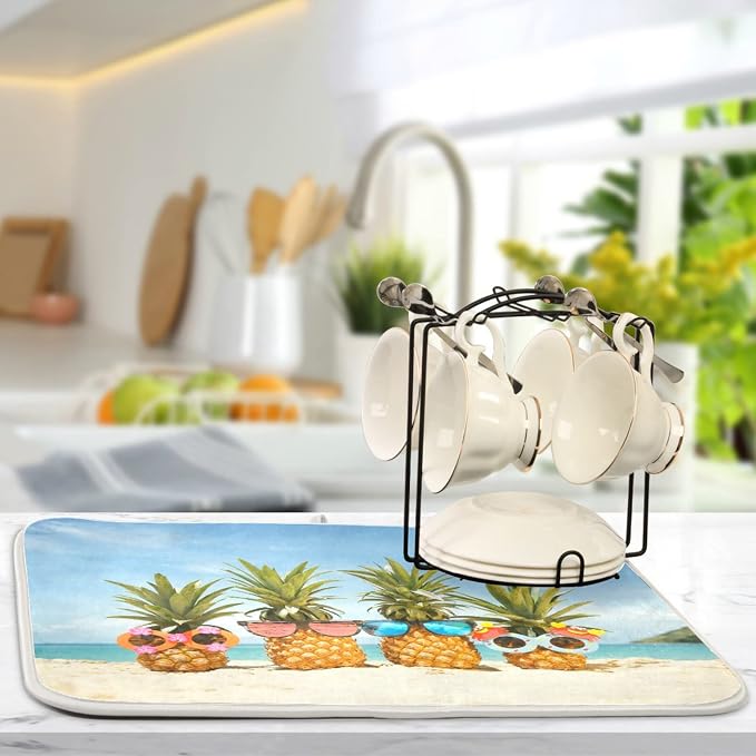 Absorbent Dish Drying Mat for Kitchen Counter - Pineapple Beach Microfiber Drying Pad, Reversible Drainer Mats for Countertop, Small 16 x 18 inch