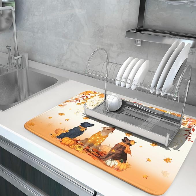 Giwawa Fall Dogs Dish Drying Mat Autumn Leaves Reusable Dishes Pad 18"x24" Holiday Microfiber Quick Dry Dish Drainer Rack Mat for Kitchen Counter