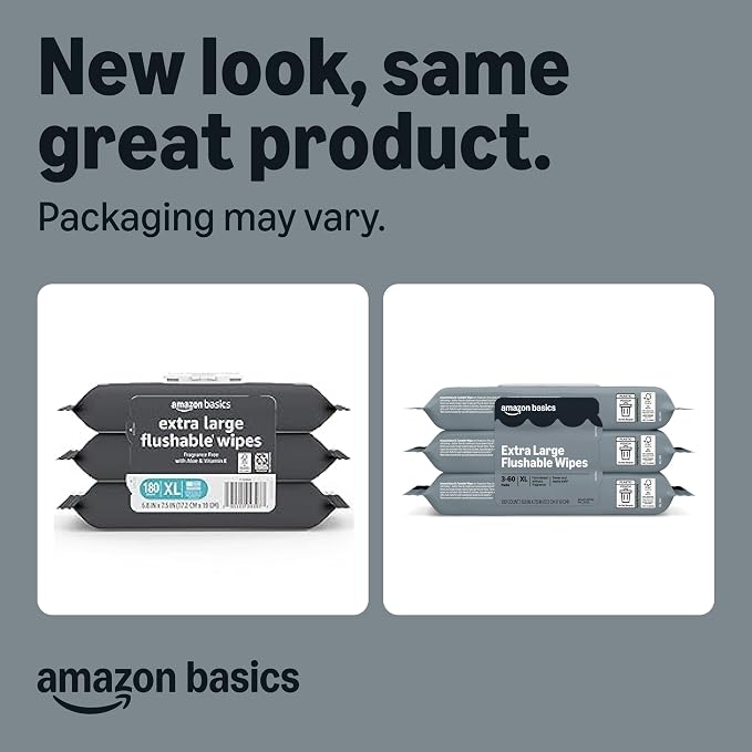 Amazon Basics Extra Large Flushable Wipes, 360 Wipes (6 Packs of 60), Adult Wet Wipes and Resealable Closure, Packaging May Vary