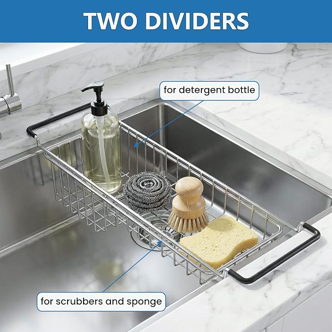 TreeLen Over The Kitchen Sink Caddy Sponge Holder Organizer Drying Rack Expandable for Sponge Brush Soap 13.8" to 20.8", Stainless Steel