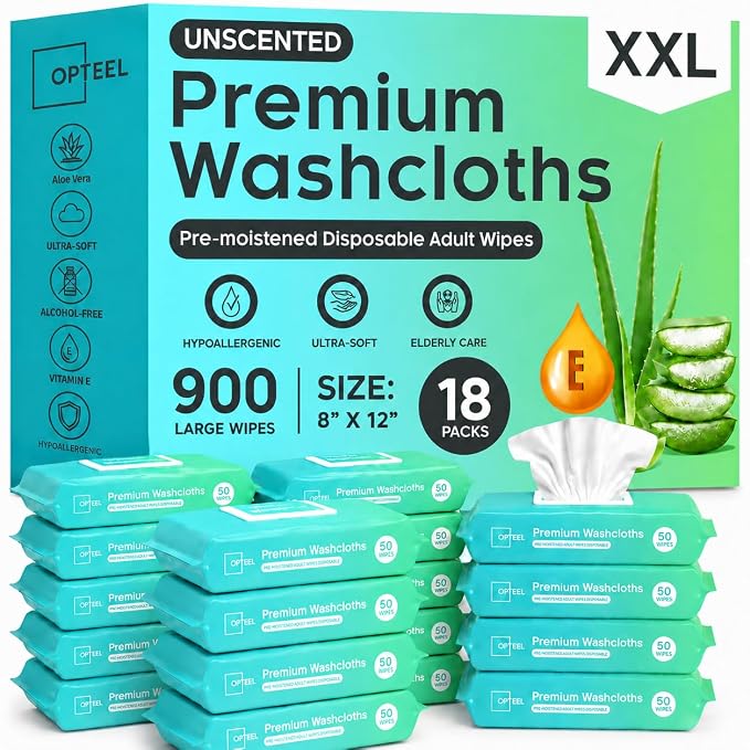 OPTEEL Wipes for Adults, Extra-Large Disposable Washcloths 900 Count | Unscented, Super Soft, Moisturizing, and No-Rinse Wipes for Incontinence Care, Elderly Care, and Daily Hygiene