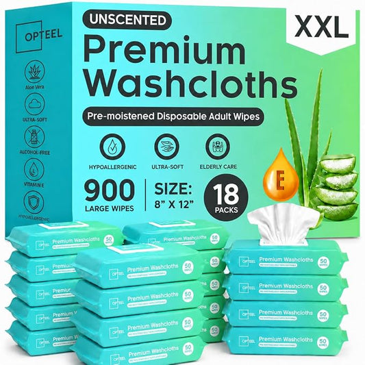 OPTEEL Wipes for Adults, Extra-Large Disposable Washcloths 900 Count | Unscented, Super Soft, Moisturizing, and No-Rinse Wipes for Incontinence Care, Elderly Care, and Daily Hygiene