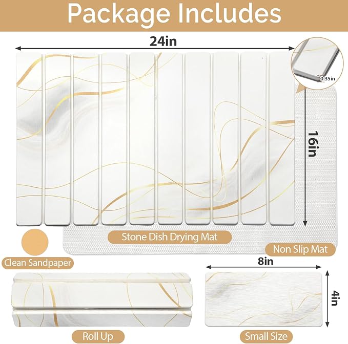 Large Stone Drying Mat for Kitchen Counter&Bathroom, Quick Dry Stone Dishes/Bathroom Mat, Foldable Drying Organizer Pad Suitable for Plate Rack Utensils, Apartment Essentials Decor(White Gold 24"×16")