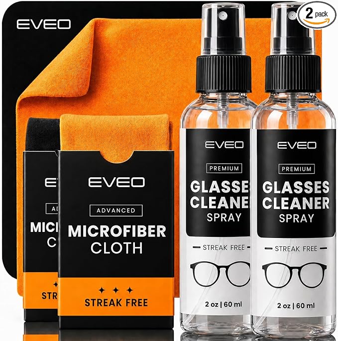 EVEO Glasses Cleaner Spray - Eyeglass Cleaner (No Streaks)| x2 Eye Glass Cleaners Spray + x2 Lens Cleaner Microfiber Cleaning Cloth, Glasses Cleaning Kit Eye Glasses Cleaner Spray & Cloth - 4oz(2ozx2)