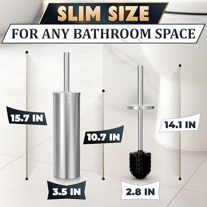 2 Pcs Stylish Stainless Steel Toilet Brush and Holder Set - Silver Toilet Bowl Brush and Holder with Splash Cover, Sturdy Bristles, Corrosion & Scratch Resistant - Elegant Design, Effective Cleaning