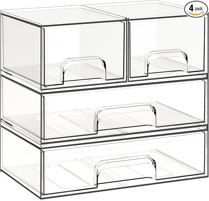 Criusia Stackable Storage Drawers, 4 Pack Clear Plastic Makeup & Bathroom Organizer, Versatile Storage Bins for Vanity, Under Sink, Kitchen Cabinets & Pantry