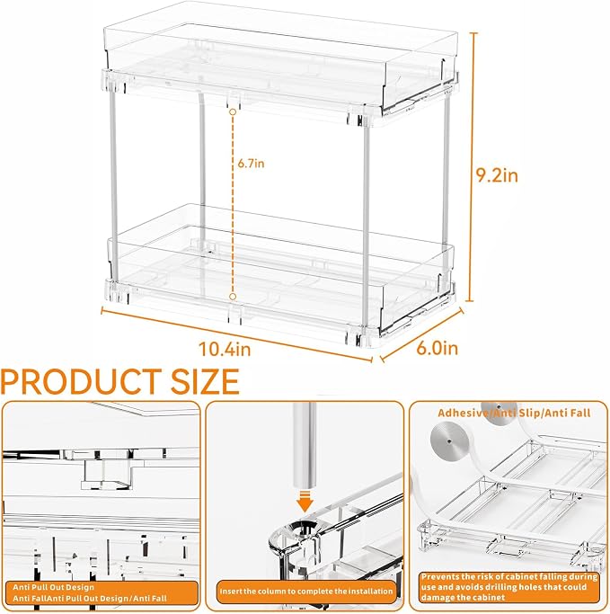 Yieach 2 Tier Pull Out Cabinet Organizer and Medicine Cabinet Storage for Supplement,Vitamin,Medication and Pill Bottle,10.4" Deep Pantry Organizers Drawer,Under Sink Organizer for Bathroom,Cupboard